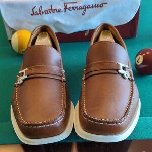 Salvatore Ferragamo Men's Brown Loafers with Silver Buckle 10 D